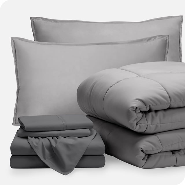 Bare Home 7-Piece Bed-in-a-Bag - Queen, Light Gray with Gray Sheet Set