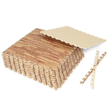Gymax 12 Carreaux Grain de Bois Tapis de Sol en Mousse EVA Emboîtables avec Bordures 24 Pieds' Naturel