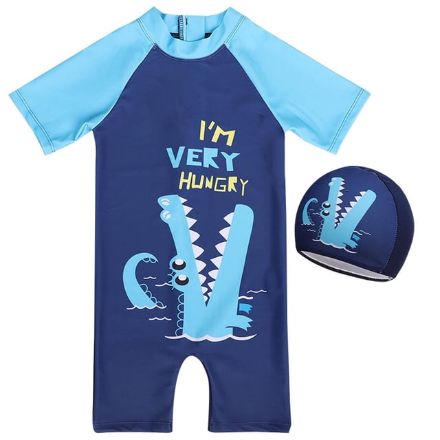 MIASHUI Boys One Piece Swimsuits Dinosaur Rash Guard Swimwear with Swimming Cap,Blue,4-5 Years