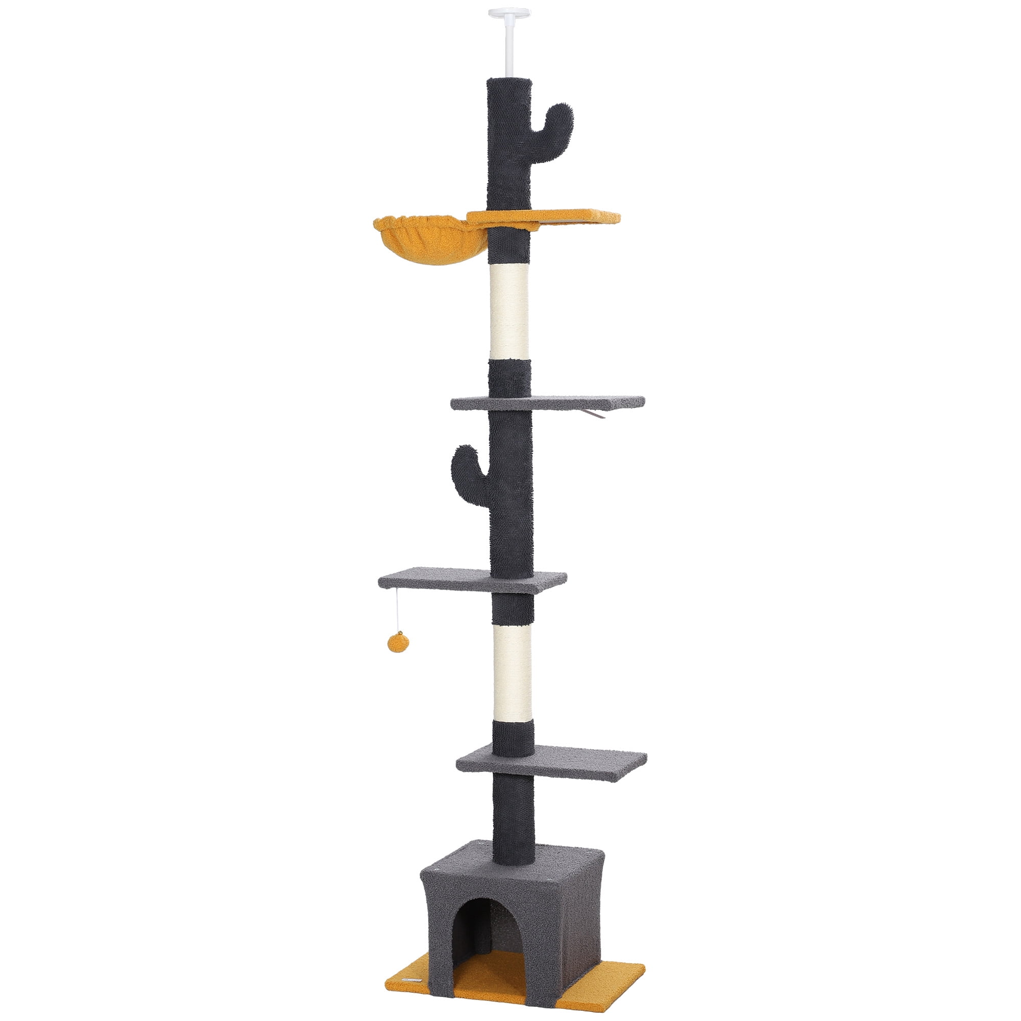 CoSoTower Floor to Ceiling Cat TreeTower with 90.5"-108" Adjustable Height, Scratching Posts, Hammock, Condo, Toy Ball, Dark Grey