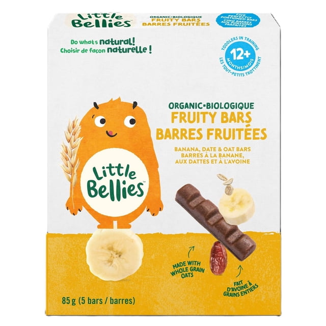 Little Bellies Organic Fruity Bars Banana, Date & Oat Bars 12+ Months, 85gr box showing an orange cartoon character holding a banana slice, with a soft brown bar, banana slice, and date, made with whole grain oats, ideal for toddlers transitioning to textured snacks.