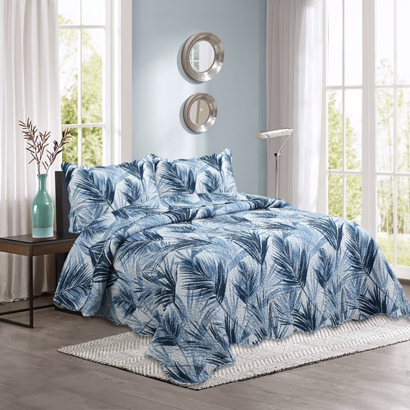 Marina Decoration Rich Printed Embossed Pinsonic Coverlet Bedspread Ultra Soft Bedding Summer Quilt Set with Shams, Modern Blue Leaves Pattern
