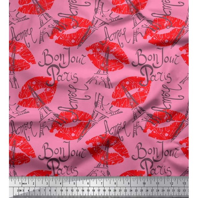 Soimoi Pink Poly Georgette Fabric Text,Eiffel Tower & Lips Women Print Sewing Fabric Yard 42 Inch Wide