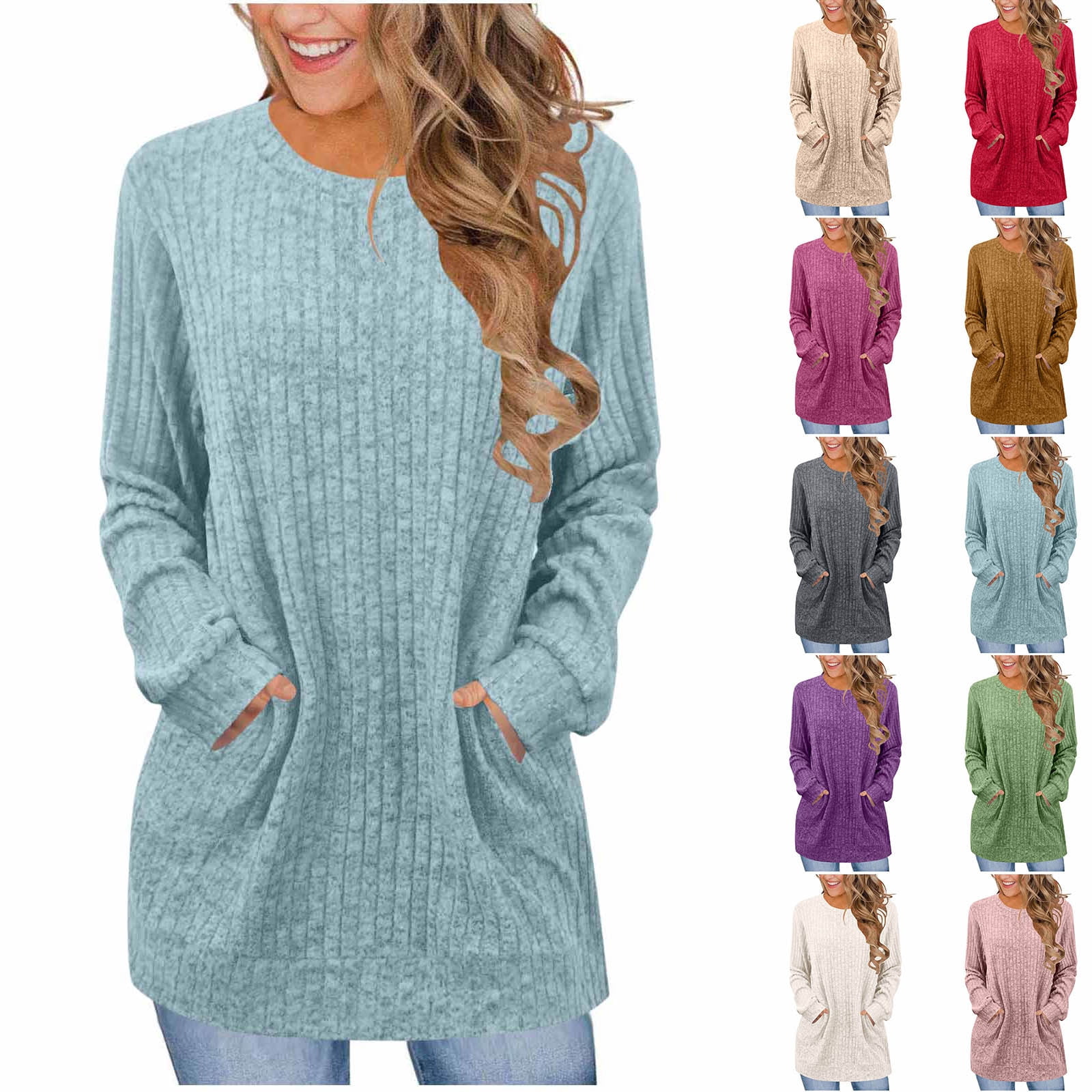 Yuyuzo Chandails pour Femmes Col Ras du Cou Chic Décontracté Chandails à Manches Longues Mode d'Automne Tuniques avec Poches