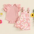 thumbnail image 3 of Gupgi Baby Girls Overalls Set, Infant Short Sleeve Ribbed Romper+Flower Print Suspender Shorts with Pockets, 3 of 9
