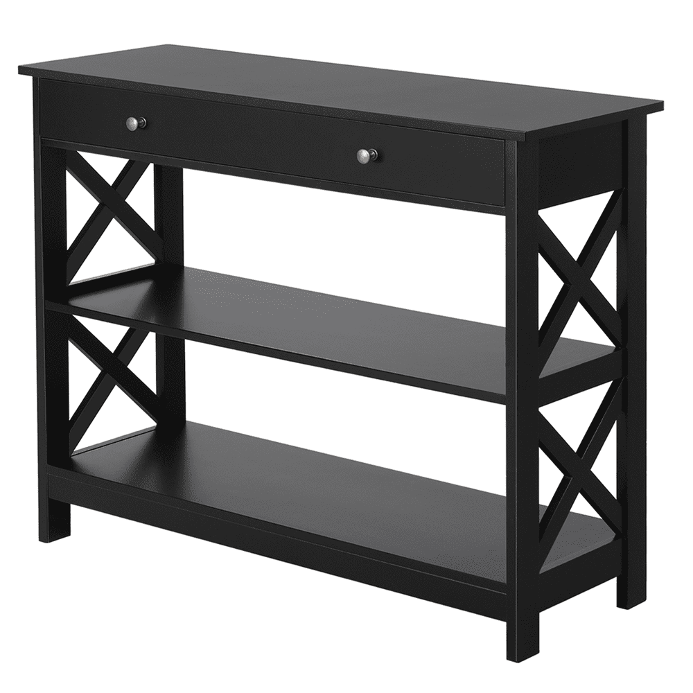 FullFurnique Wooden Console Table with 1 Drawer and 2 Open Shelves, Black