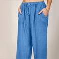 thumbnail image 4 of drppepioner Women Casual Solid Cotton Linen Drawstring Elastic Waist Long Wide Leg Pants, 4 of 9