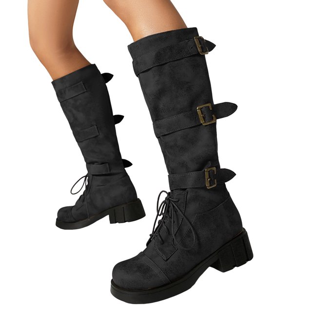 Mepaouo Women's Knee High Combat Boots Lace up Wide Calf Buckle Riding Boot Chunky Low Heel Booties