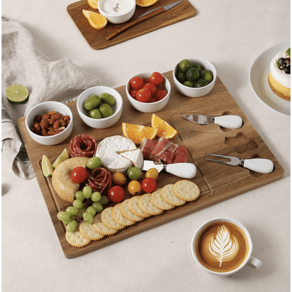 HOME TRENDS PL Acacia Wood Cheese Board Set with 4 Ceramic Bowls, 16.92 x 12.99 x 1.65inch, Natural Acacia Color