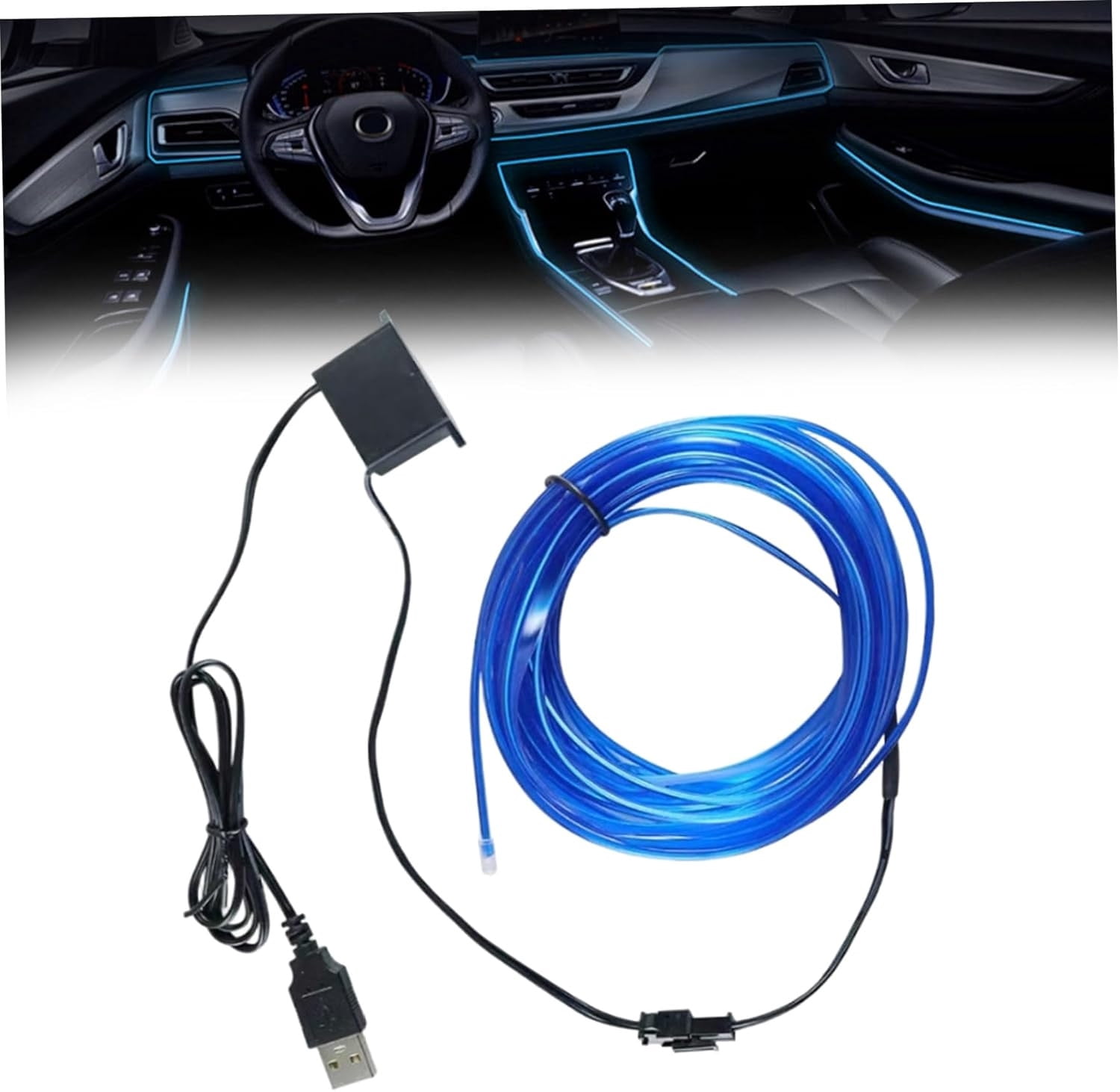 USB-Powered Car LED Strip Lights, Flexible Interior Ambient Lighting with Sound Activation, Blue Customizable Neon Effect, for Cars, Rooms, Parties, and DIY Decor