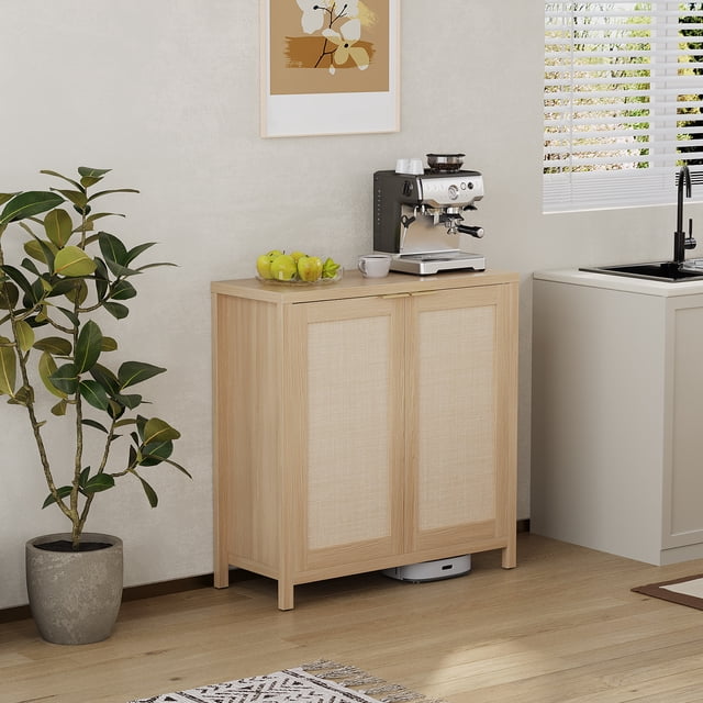 QinaQin Boho Rattan Sideboard Buffet Cabinet with Adjustable Shelves for Dining Room or Hallway