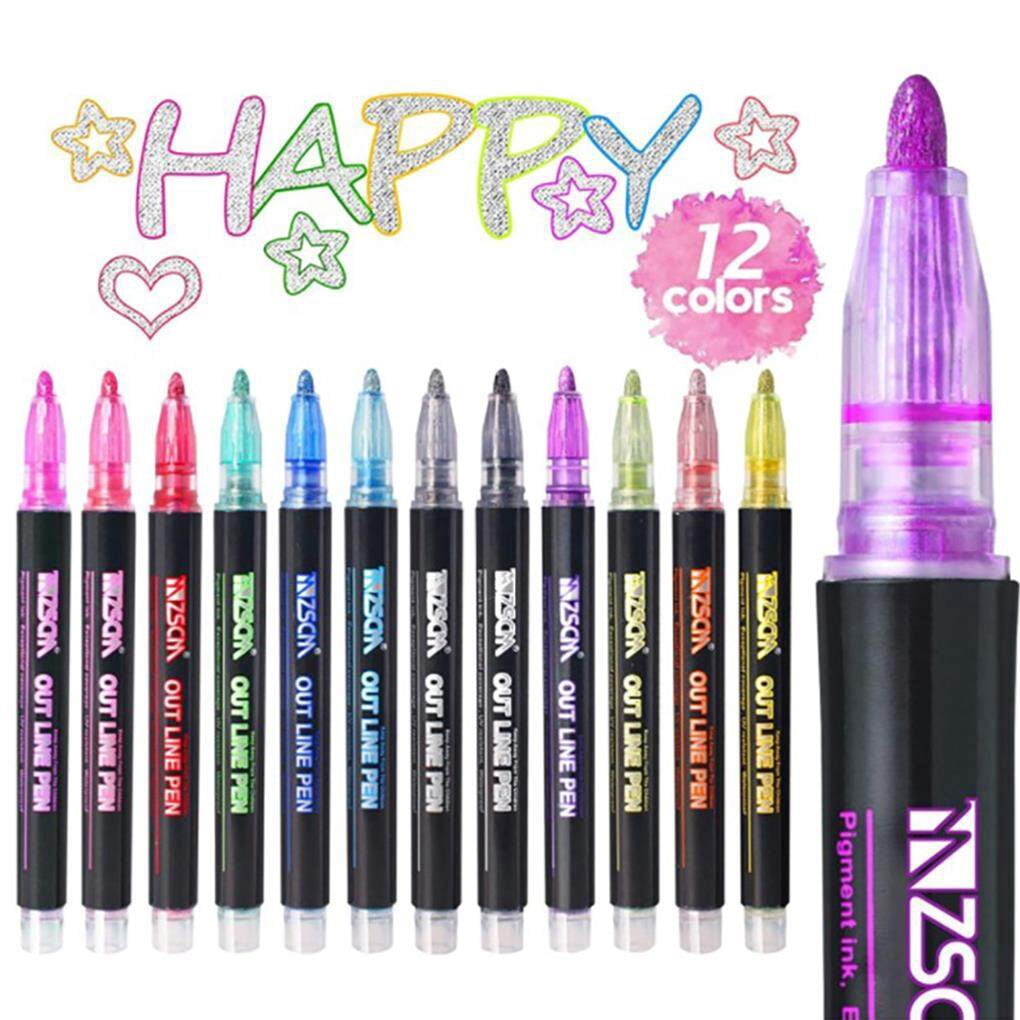 Xingzhi Outline Metallic Marker Pens 12 Colors Double Line Marker Pens Writing Drawing Highlighter Marker Pen for School Office
