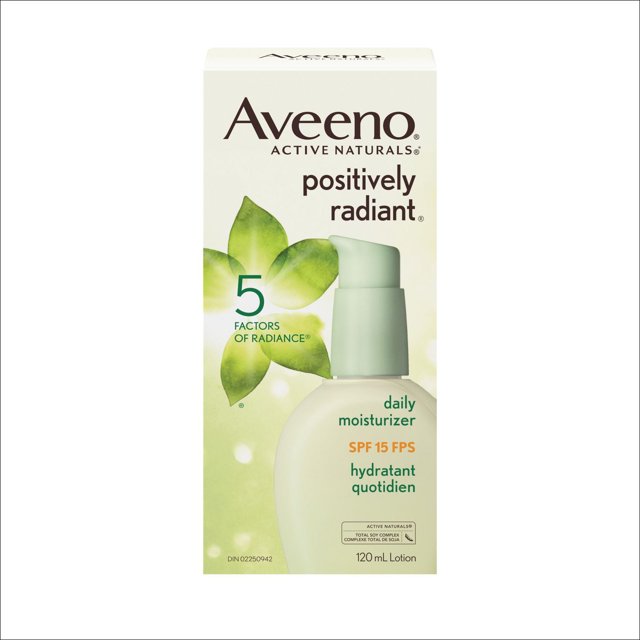 Aveeno Positively Radiant Face Moisturizer SPF 15 daily lotion in a 120 mL pump bottle with light green cap, clinically shown to improve skin tone, texture, dullness, and radiance with an oil-free, non-comedogenic formula suitable for daily use.