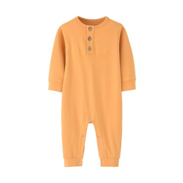 Zwiiyzr 2025 0-1T Newborn Infant Unisex Baby Boy Girl Button Solid Romper Bodysuit Long Sleeve One Piece Jumpsuit Outfits Clothes Orange