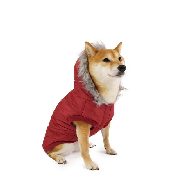 One Paw Quilted Plaid Easy Fit Dog Jacket in red with water-resistant fabric, soft micro polar lining, and a faux fur-trimmed hood, featuring reflective trims for visibility, shown on a sitting dog against a white background.