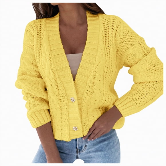 Splozh Womens Cardigan 2025 Long Sleeve Women's V Neck Cardigan Fried Dough Twist Long Sleeve V Neck Thin Sweater Fashion Jacket Yellow,One Size