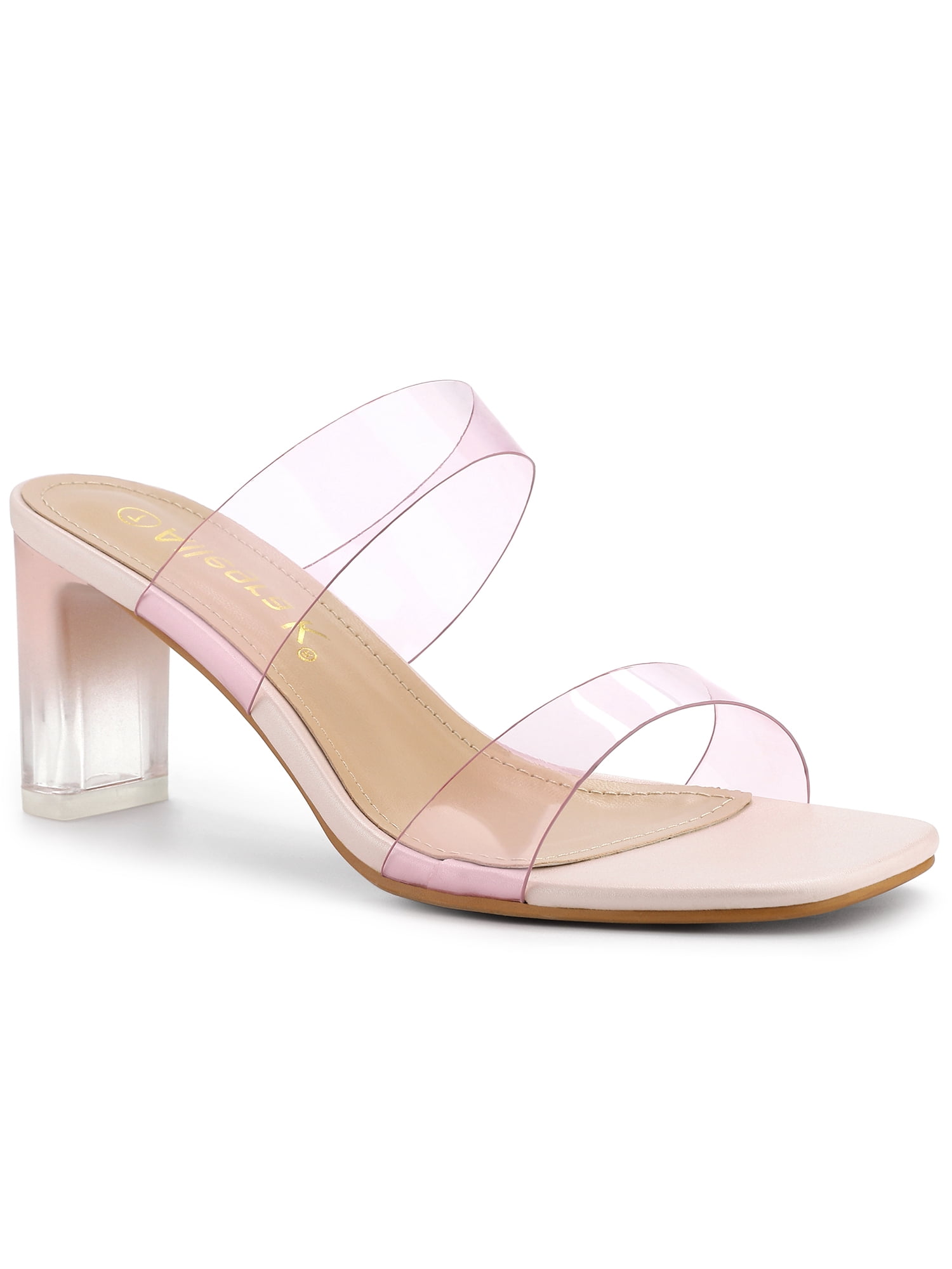 BLISSFUL STEP Women's Clear Colorful Straps Block Heeled Slides Sandals Pink 5