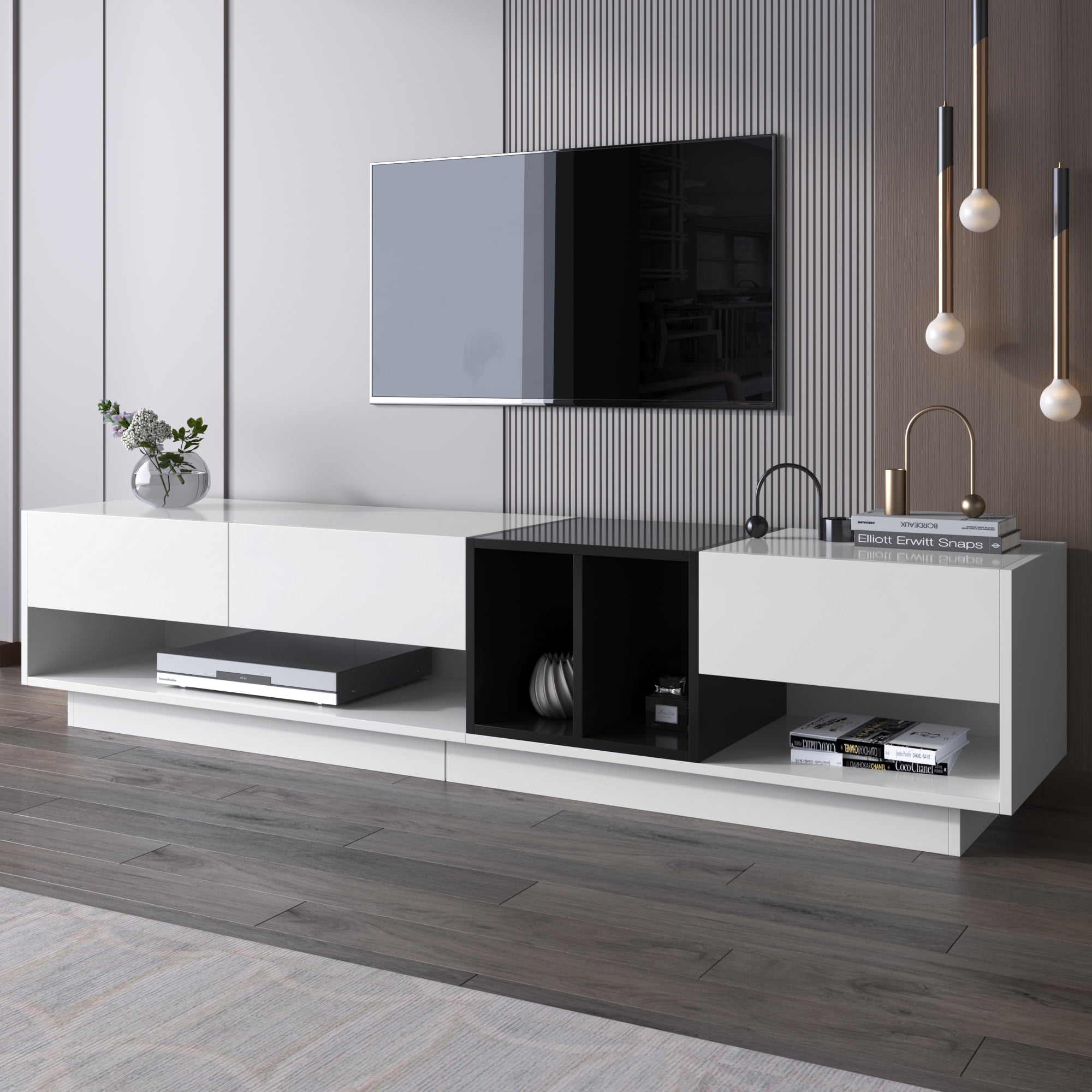Noble House Meuble TV & Bas, Blanc Brillant & Noir à Blocs de Couleur, Rangement Multiple avec Tiroirs & Compartiments
