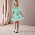 thumbnail image 4 of MKOSPLRT Robes à Volants pour Fille Sans Manches à Épaules Dénudées Robe Évasée Ligne A Robe Unie Décontractée de Plage et de Fête Robe Fluide de Mariage Robe Courte, 4 of 7
