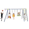 thumbnail image 1 of Gymax Swing Set for Backyard w/ 2 Height Adjustable Swings Glider Basketball Hoop Green & Blue, 1 of 10