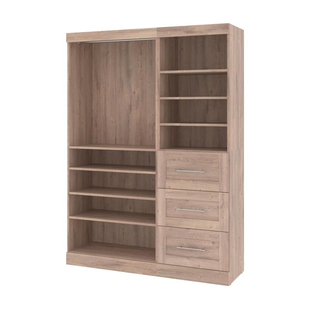 Bestar Pur 61W Closet Organizer in rustic brown with two clothing rods, six adjustable shelves, and three smooth-glide drawers with metal handles, made of laminated particle board with shaker-inspired trim for versatile clothing and accessory storage.