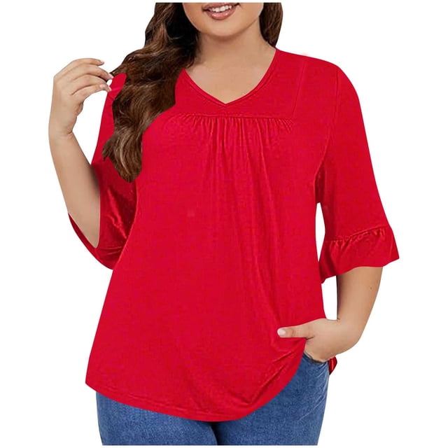 Timegard Plus Size Tops for Women V-Neck Ruched Ruffle 3/4 Sleeve Comfy Tee Shirts Casual Loose Tops