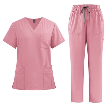 Amzcrzy Ensemble de Sarraus pour Femmes Couleur Unie Manches Courtes Col en V Hauts de Sarrau Pantalons de Sarrau Jogger pour Femmes Décontracté Confortable Surdimensionné Ensembles de Sarraus de Travail avec Poches
