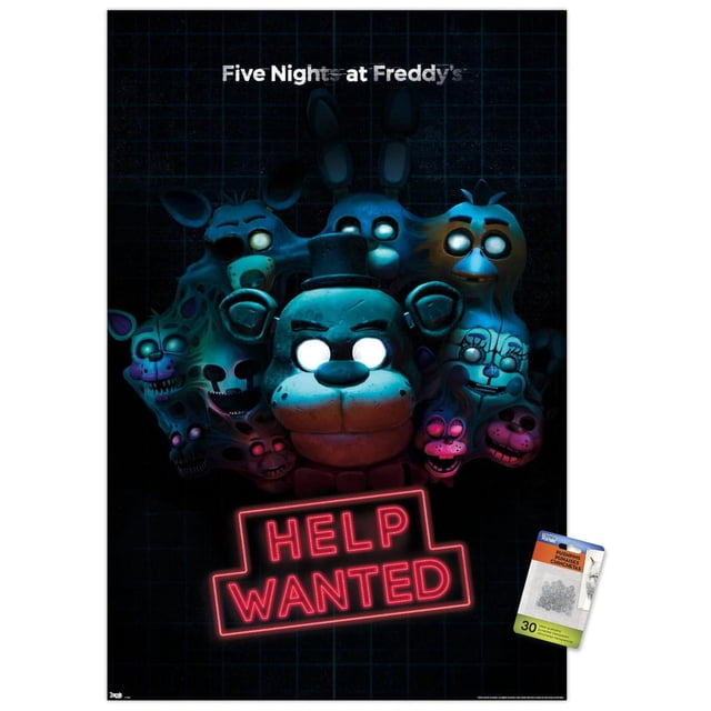 Five Nights at Freddy's - Affiche Murale Help Wanted Représentant des Personnages Animatroniques aux Yeux Blancs Lumineux du Jeu, Arrangée sur un Fond à Grille Sombre avec un Panneau Néon Rouge « Help Wanted », Imprimée sur Papier Lustré avec Supports Adhésifs Inclus, Convient à la Décoration Murale de Chambre Ou de Bureau.