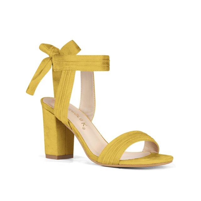 BLISSFUL STEP Women's Sandals Ankle Tie Back Open Toe Block Heels Yellow 6.5