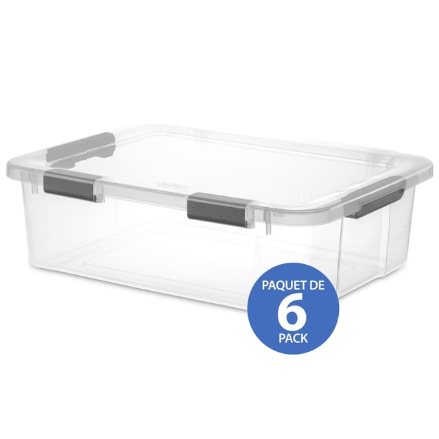 Sterilite 38 L HingeLID Storage Box in gray with clear hinged lid and color-accented latches, rectangular clear plastic container with textured comfort-grip handles, ideal for organizing household items and easy content identification, shown front angled, pack of 6