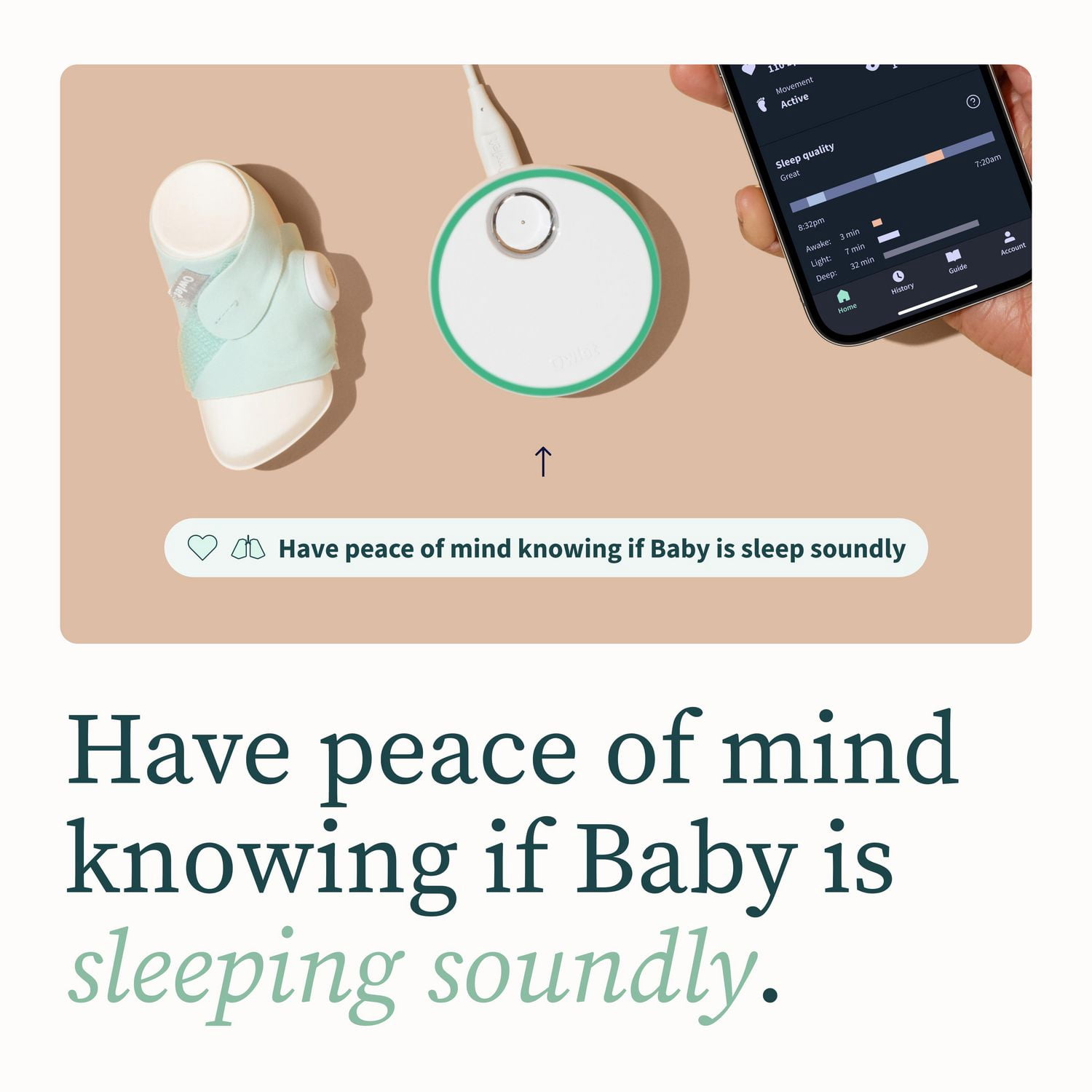 Owlet Dream Sock - Moniteur intelligent pour bébé avec indicateurs de qualité de sommeil, y compris les mouvements, la fréquence cardiaque et les niveaux moyens d’oxygène - Menthe