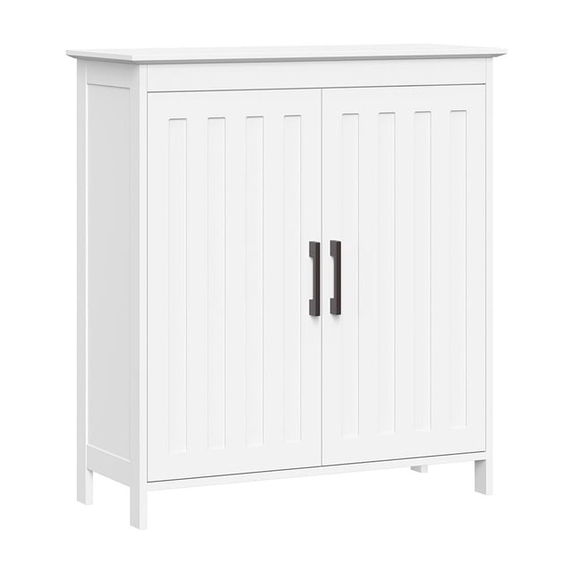 RiverRidge® Armoire de Plancher à Deux Portes Monroe pour la Maison en Blanc avec Portes à Panneaux Encastrés Verticales et Poignées en Noir Mat, Comprenant une Tablette Intérieure Ajustable, une Tablette Supérieure Spacieuse et des Portes à Fermeture en Douceur, Convient au Rangement et à l'Organisation de la Salle de Bain.