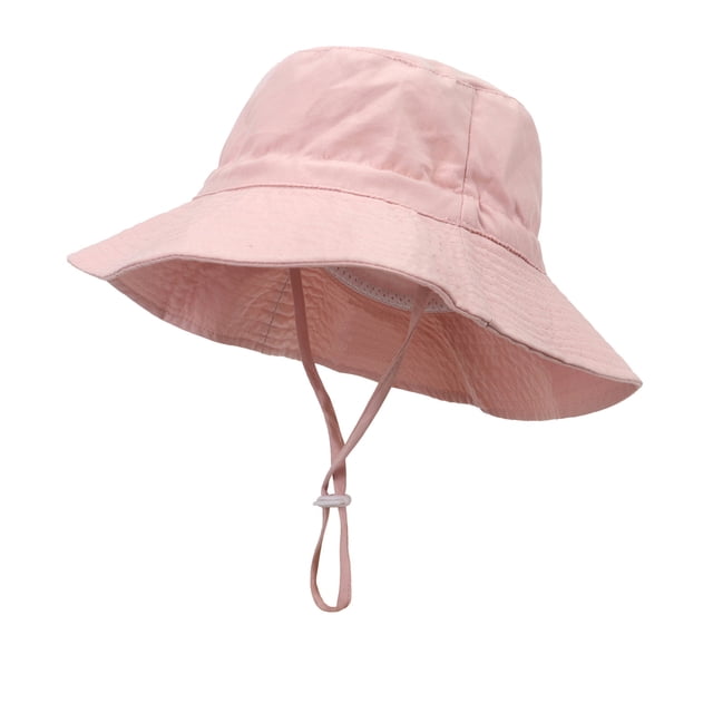 Toddler Baby Summer Sun Protection Fashion Solid Color Sun-Hat Cute Sunscreen Hat Cap in a soft pink color. Made from lightweight, breathable cotton twill fabric, this hat features a wide brim for sun protection and an adjustable chin strap for a secure fit. Suitable for babies aged 0 months to 6 years, with sizes XS, S, and M available for head circumferences ranging from 44-54 cm. Ideal for outdoor activities such as picnics, beach outings, and family gatherings.
