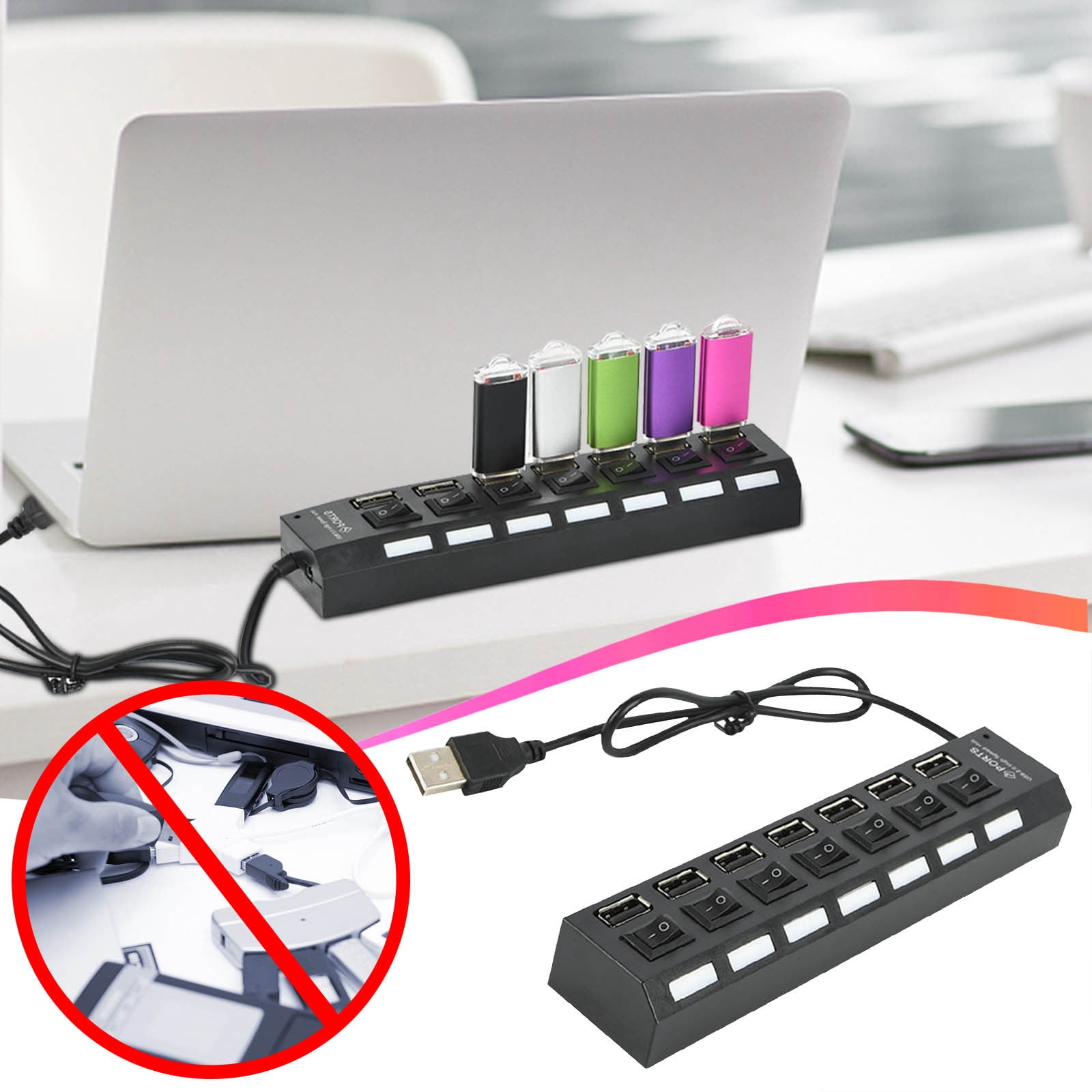 Usb Hub for Laptop,7 Ports Usb+Hub 2.0 Data Hub Splitter Individual On/Off Switches Usb Port Expander for Pc and Laptop,Usb Port Expander,Usb Port Hub,Usb Splitter for Laptop