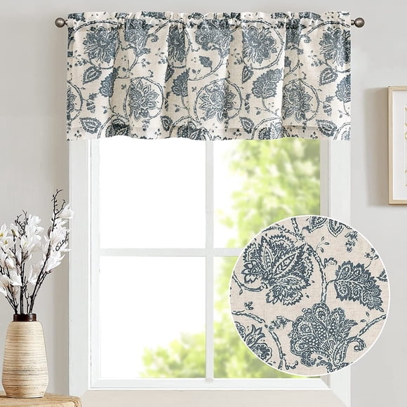 Curtainking Farmhouse Kitchen Valance W50 x L18 Linen Textured Floral Printed Small Window Curtain Rustic Jacobean 1 Panel Rod Pocket Blue on Beige