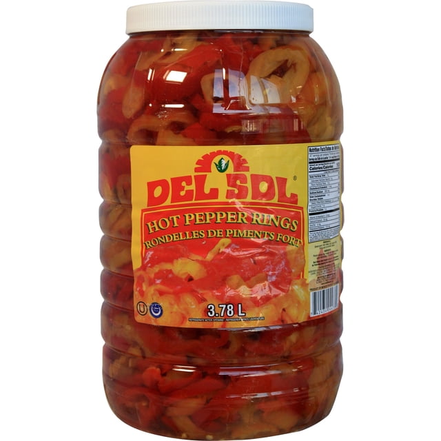 Delsol Hot Banana Pepper Rings in a 4-liter bulk container, featuring vibrant yellow and red pickled pepper rings. The jar is labeled with the Del Sol logo and product details, highlighting its tangy and spicy flavor. Perfect for sandwiches, pizzas, burgers, and salads, and ideal for commercial kitchens, catering, and large-scale meal preparations.
