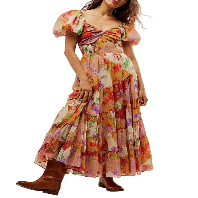 Robe à Manches Courtes Imprimé Fleurs avec Décolleté Sweetheart pour Femme