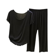 Pajama Shorts Women on Clearance Womens 2 Piece Pajamas Sets Supersoft Loungewear Sets Short Sleeve Tops and Capris Pants Soft Comfy Pjs Sleepwear Pajama Set Women New Black XXL
