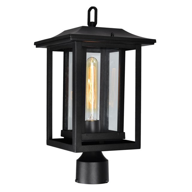 CWI Lighting Winfield 1 Light Black Outdoor Lantern Head featuring a rectangular black metal frame with clear glass panels and a visible filament bulb. Designed for outdoor use, it includes 6 inches of wire for installation. Ideal for enhancing outdoor spaces with a sophisticated touch.