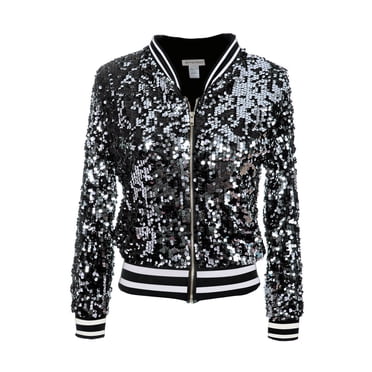 Womens Long Sleeve Sequin Front Zip Jacket Long Sleeve Ribbed Cuffs Outerwear Tops