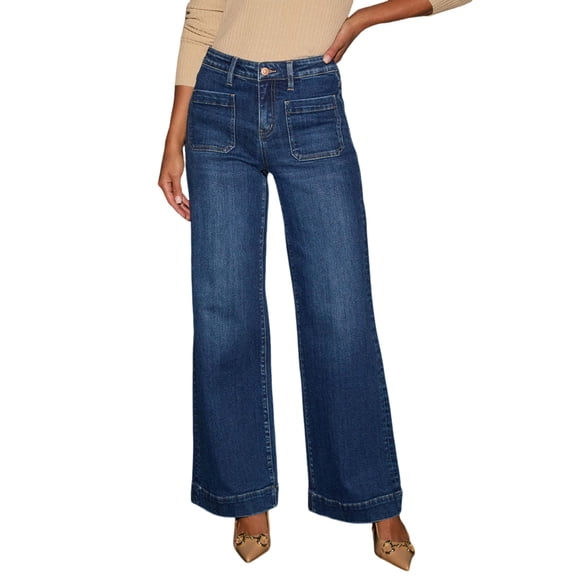 Women'S Wide Leg Jeans High Waisted Straight Leg Stretchy Denim Pants with Pockets Dark Blue S