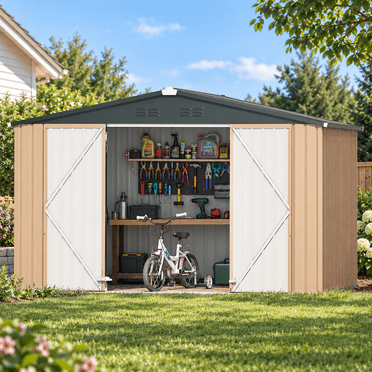 AECOJOY 10 x 8 Ft Outdoor Metal Storage Shed with Lockable Doors, Galvanized Steel Garden Tool Shed