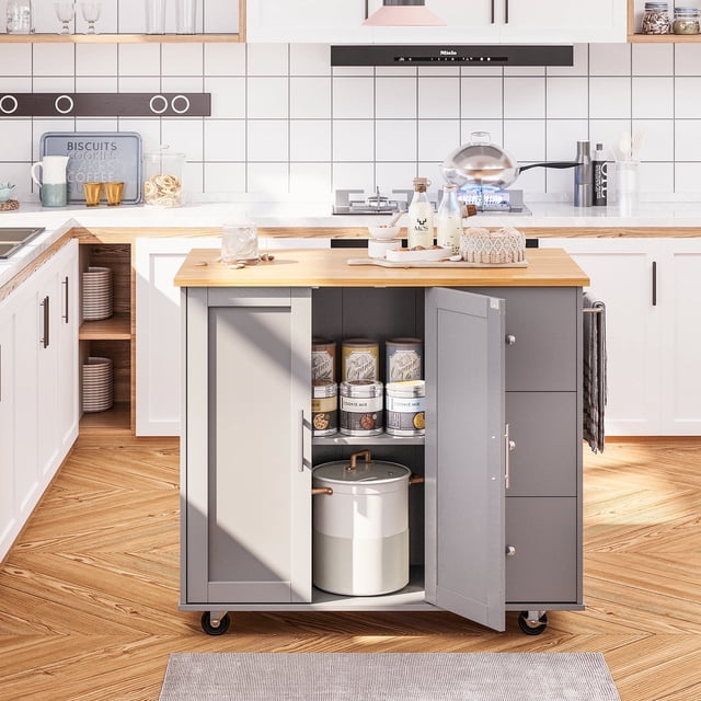 Walsunny Natural Kitchen Islands with Storage Cabinets, Wood Gray, 39.70 in