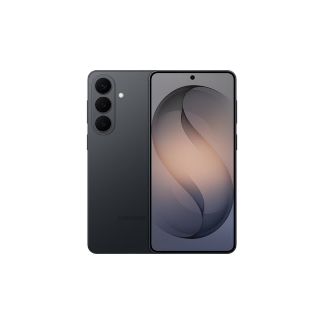 Samsung Galaxy S26+ 256GB unlocked phone in matte black shown front and back with a centered punch-hole front camera on an ultra-vivid display, triple rear cameras, AI-powered photo assist, immersive gaming features, and creative studio capabilities.