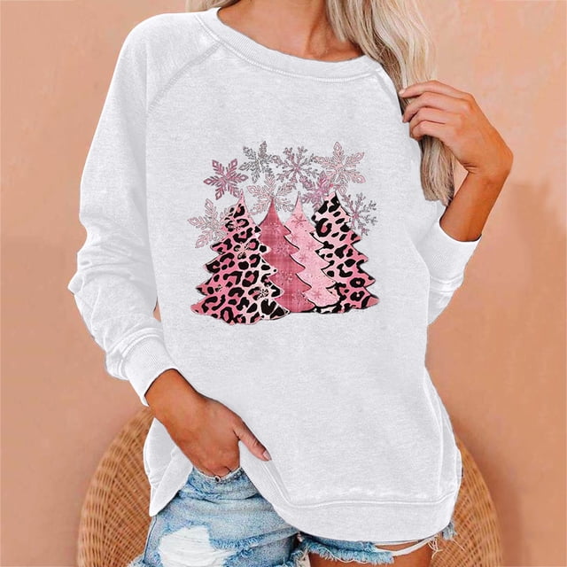 Meichang Christmas Shirts for Women Pink Leopard Xmas Tree Graphic T Shirts Raglan Long Sleeve Crew Neck Pullover Holiday Distressed Washed Sweatshirts