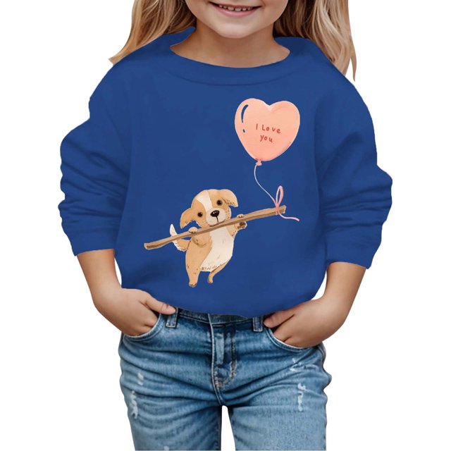 PMVFHDE Chandails à Col Rond Fille Automne et Hiver Saint-Valentin à la Mode et Intéressant Imprimé Chiot Chandail à Capuchon pour Enfants Bleu, 6-7 Ans