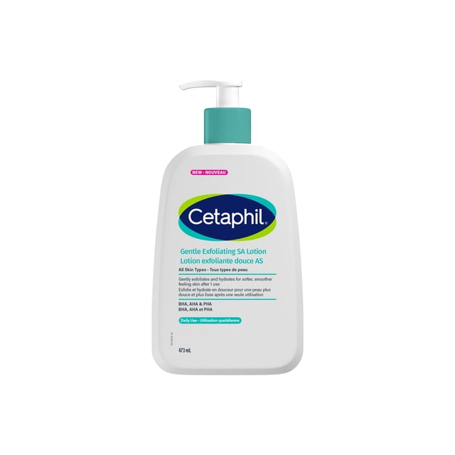 Cetaphil Gentle Exfoliating Salicylic Acid Lotion in a 473 ml white pump bottle with teal and green accents, formulated for gentle daily chemical exfoliation and hydration to renew and soothe sensitive skin.