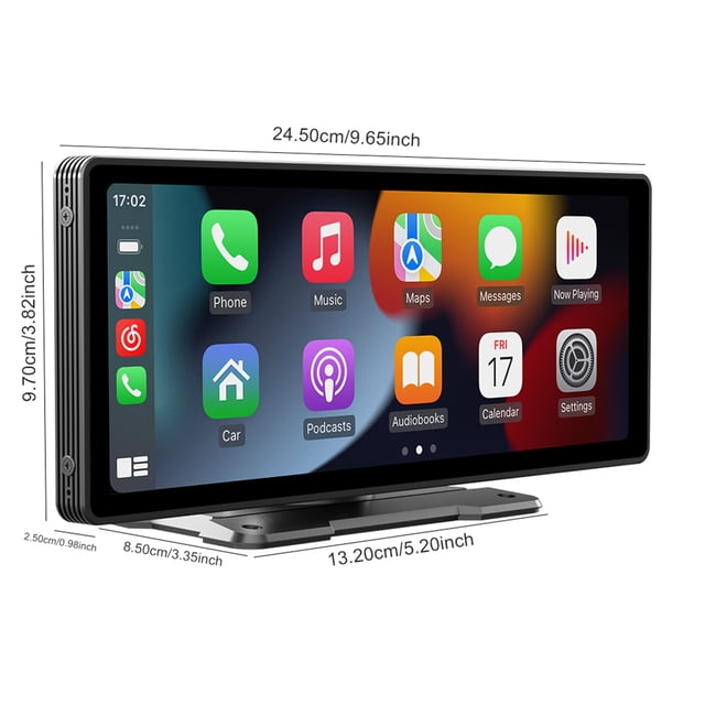 10.26-inch Wireless Carplay Bluetooth Stereo Radio FM Car MP5 Player with a high-definition touchscreen display. The device supports wired and wireless Carplay and Android Auto for navigation, music, and voice assistant integration. It includes a 4 LED reversing camera for enhanced parking assistance. The stereo features Bluetooth 5.0, FM radio, SD card and USB compatibility, and a built-in speaker. Shown with dimensions of 24.50cm x 9.70cm x 13.20cm, mounted on a metal bracket.