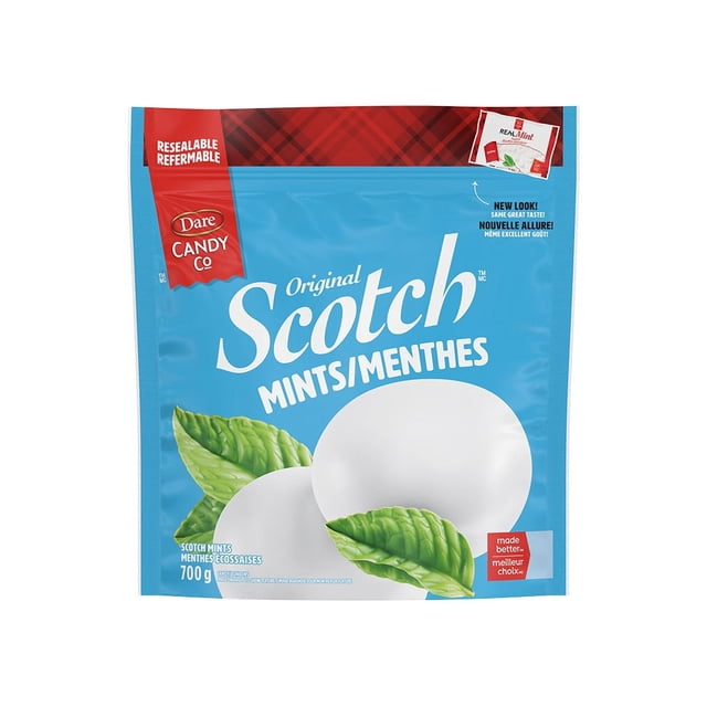 Dare Menthes Écossaises Original Candy Sac Bleu Refermable Présentant de Grandes Menthes Rondes Blanches avec des Feuilles de Menthe Vertes, centre Moelleux Enrobé d'Une Coquille Dure et Menthe, 700 g, Sans gluten, Sans Produits Laitiers, Sans Gras, Fabriqué au Canada, Convient pour Rafraîchir l'Haleine et un Rangement Pratique.