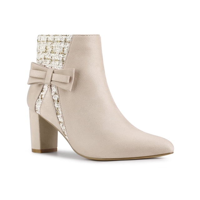 BLISSFUL STEP Women's Pointed Toe Plaid Block Heels Ankle Boots Beige 7
